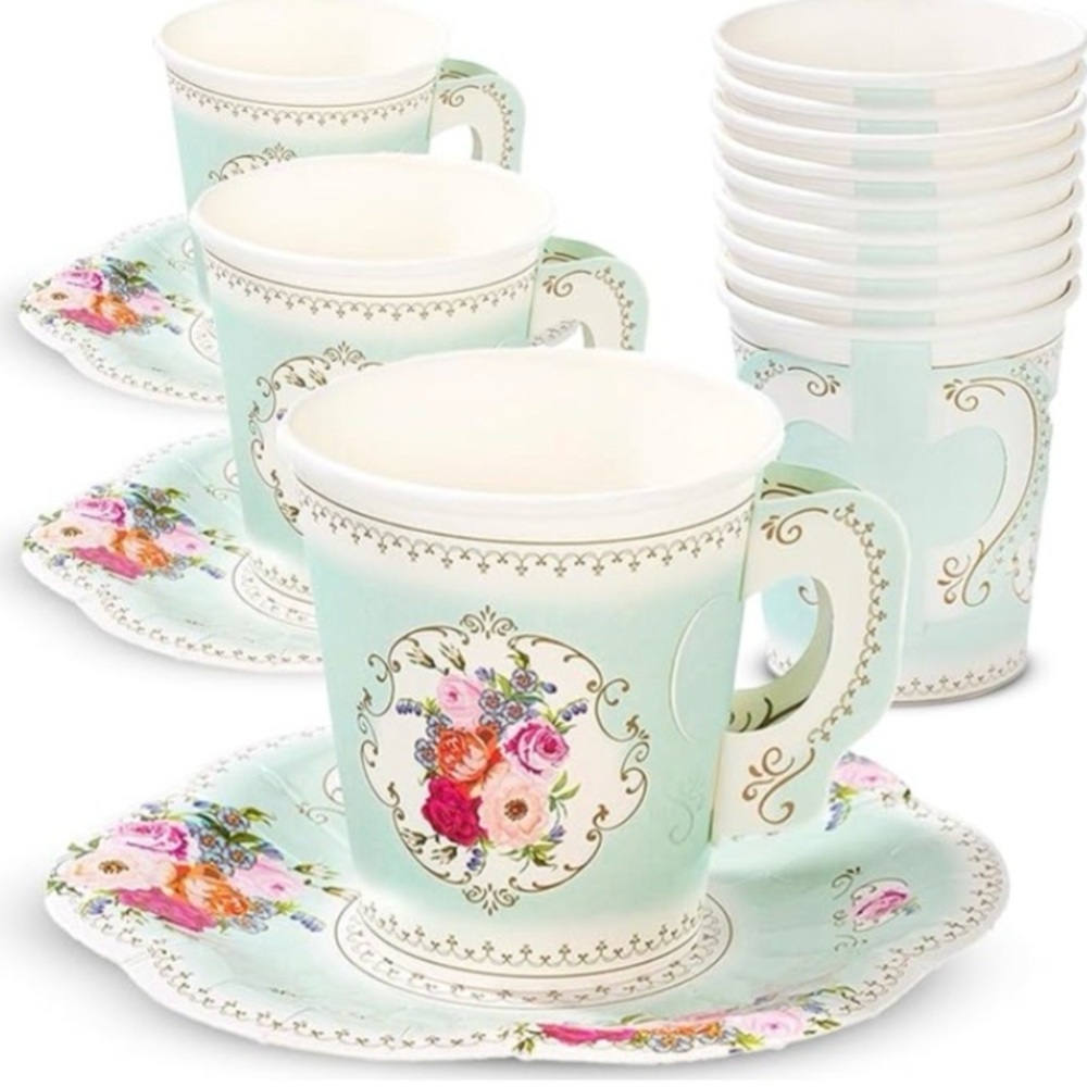 Talking Tables Truly Scrumptious Mint/pink Teacups & Saucers 10pc NWT